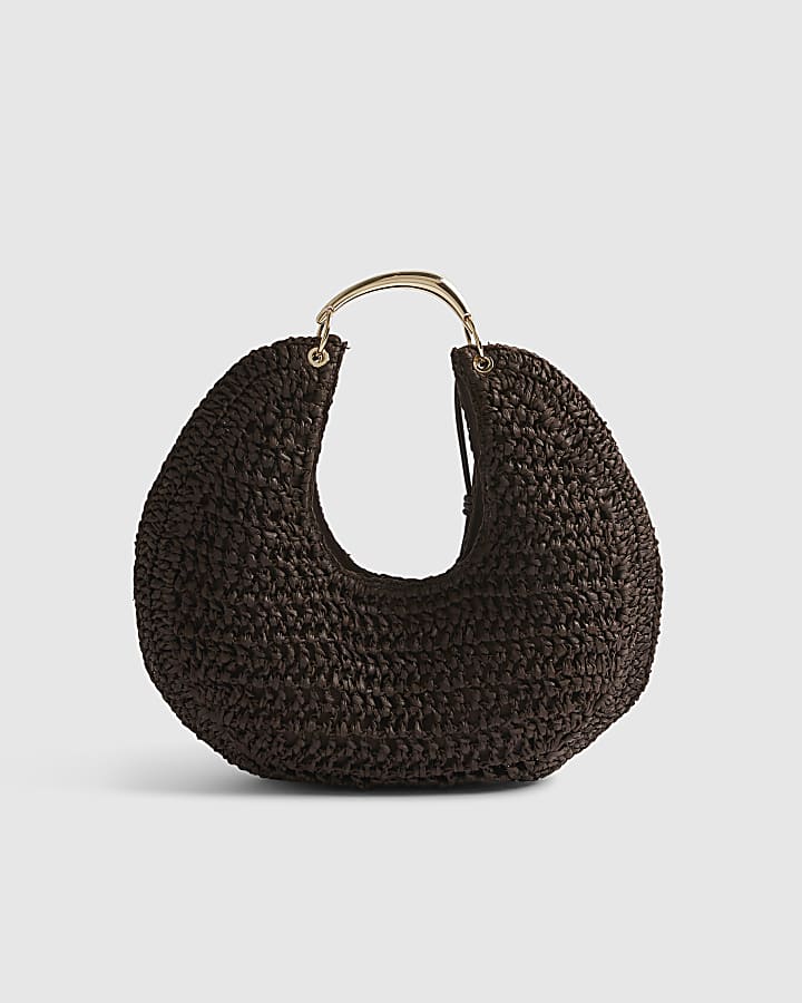 Brown Raffia Metal Handle Scoop Bag