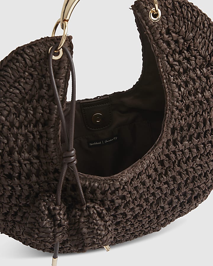 Brown Raffia Metal Handle Scoop Bag