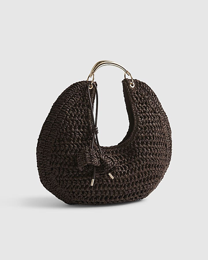 Brown Raffia Metal Handle Scoop Bag
