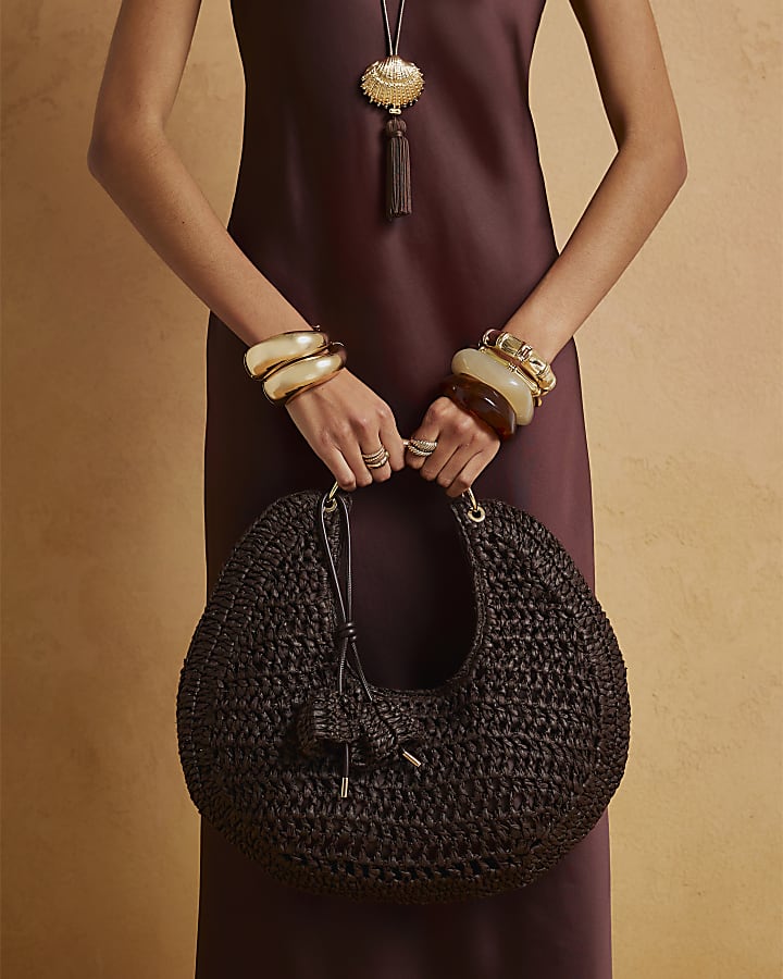 Brown Raffia Metal Handle Scoop Bag