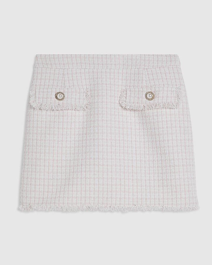Pink Boucle Fringe Hem Mini Skirt