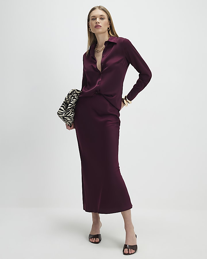 Red Satin Midi Skirt