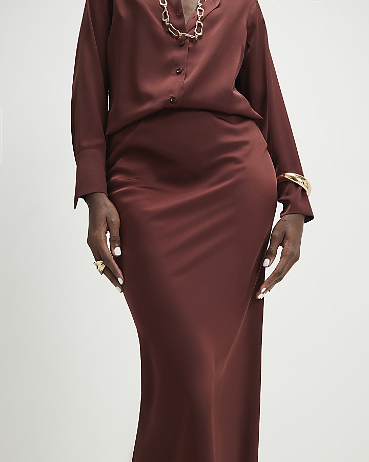 Brown Satin Maxi Skirt