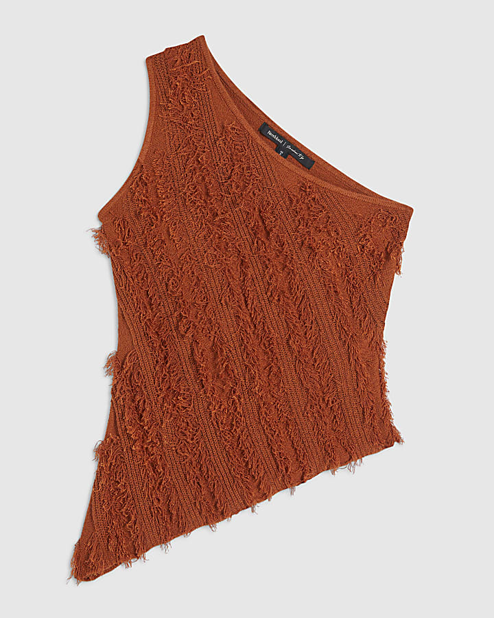 Orange Knitted Asymmetric Fringe Top