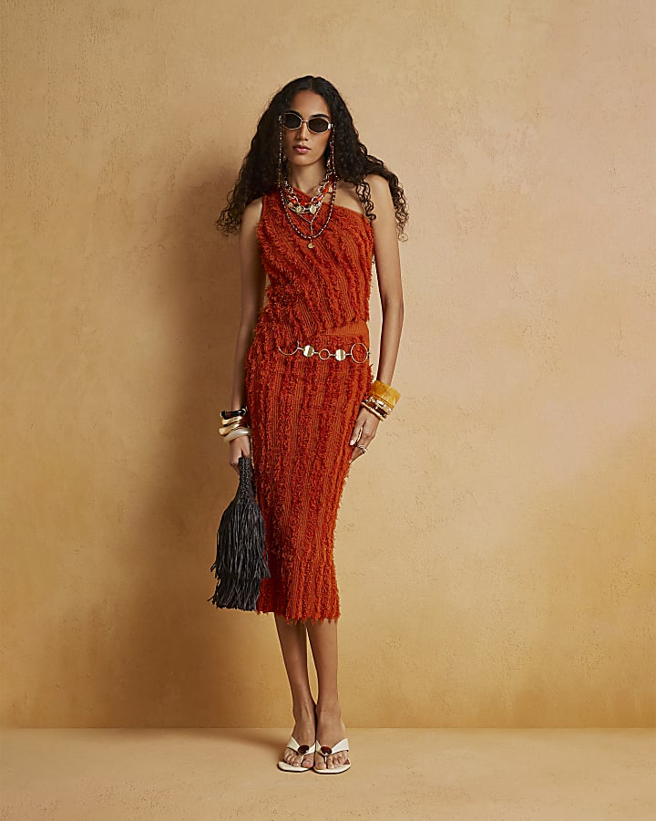 Orange Knitted Asymmetric Fringe Top