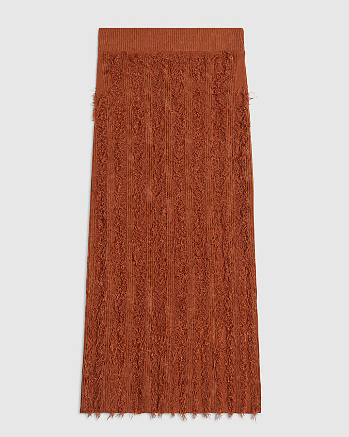 Orange Knitted Fringe Midi Skirt