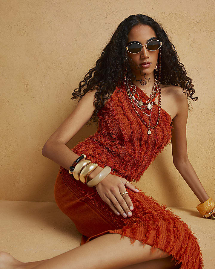 Orange Knitted Fringe Maxi Skirt