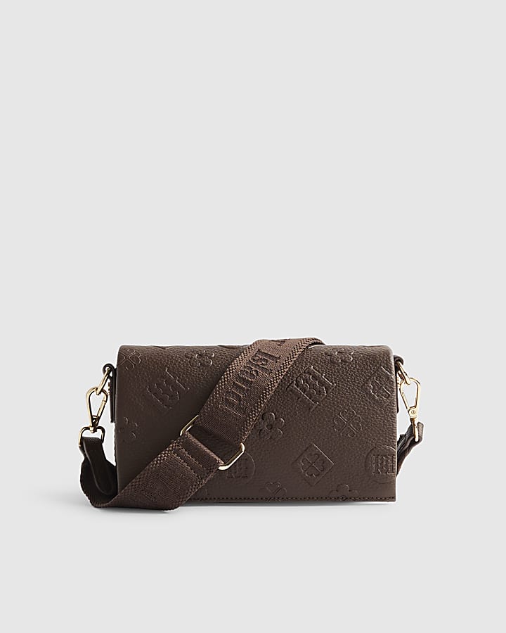 Brown Embossed Monogram Cross Body Bag