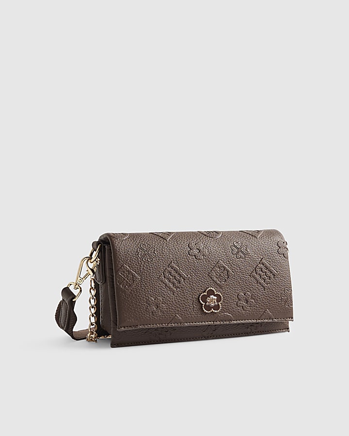 Brown Embossed Monogram Cross Body Bag