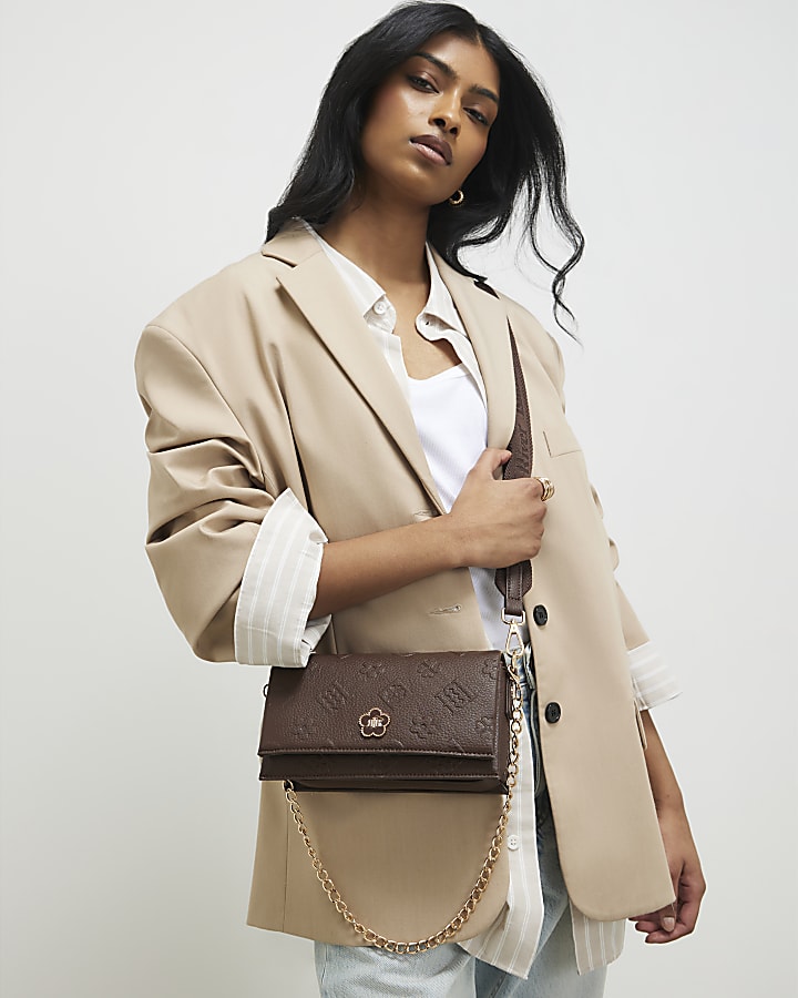 Brown Embossed Monogram Cross Body Bag