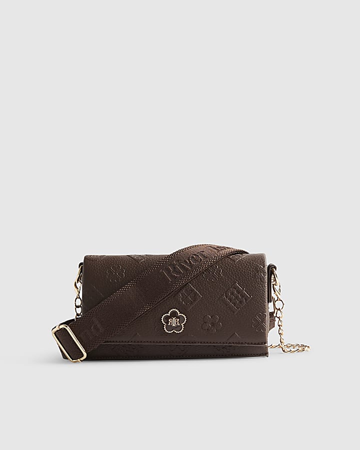 Brown Embossed Monogram Cross Body Bag