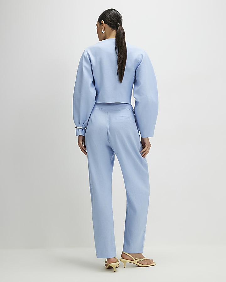Blue Linen Blend Tailored Barrel Trousers
