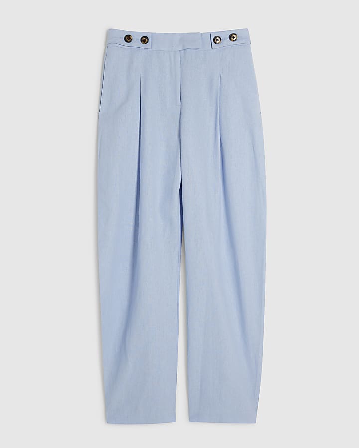 Blue Linen Blend Tailored Barrel Trousers