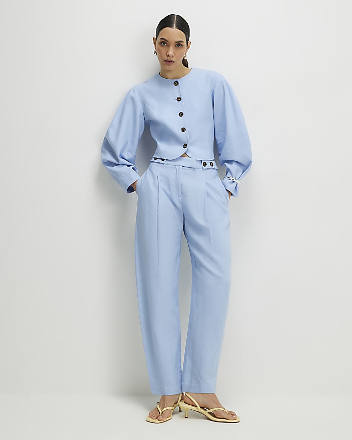 Blue Linen Blend Tailored Barrel Trousers