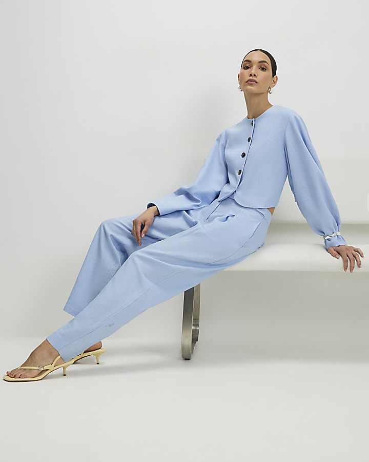 Blue Linen Blend Tailored Barrel Trousers