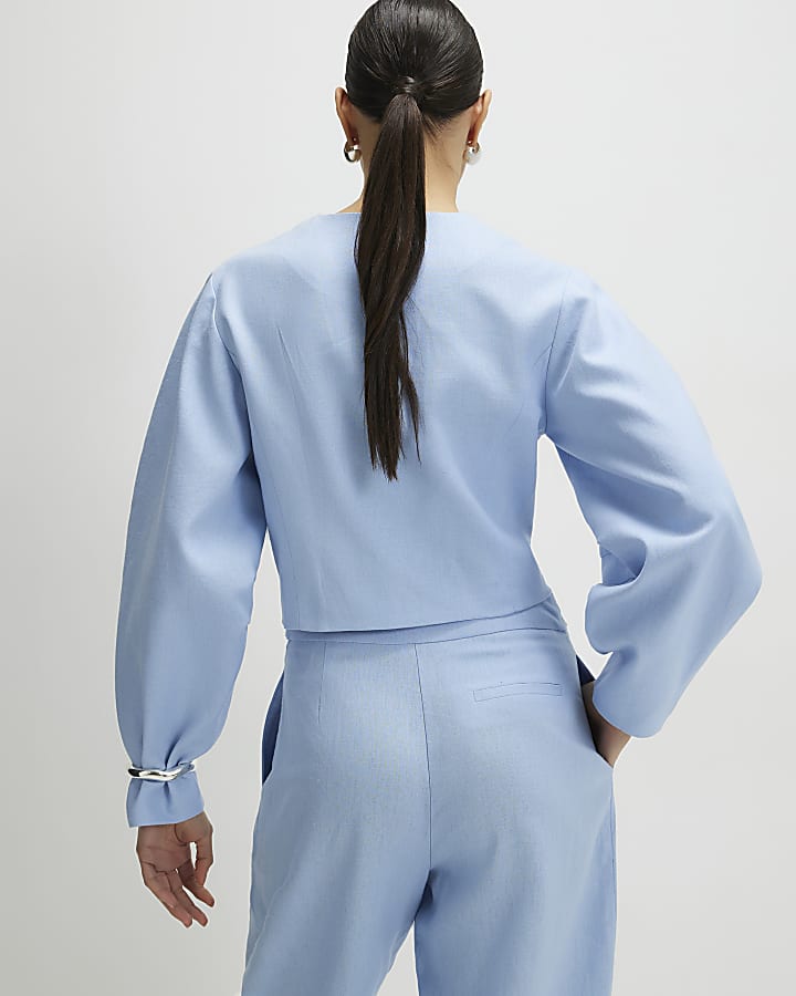 Blue Linen Blend Balloon Sleeve Jacket