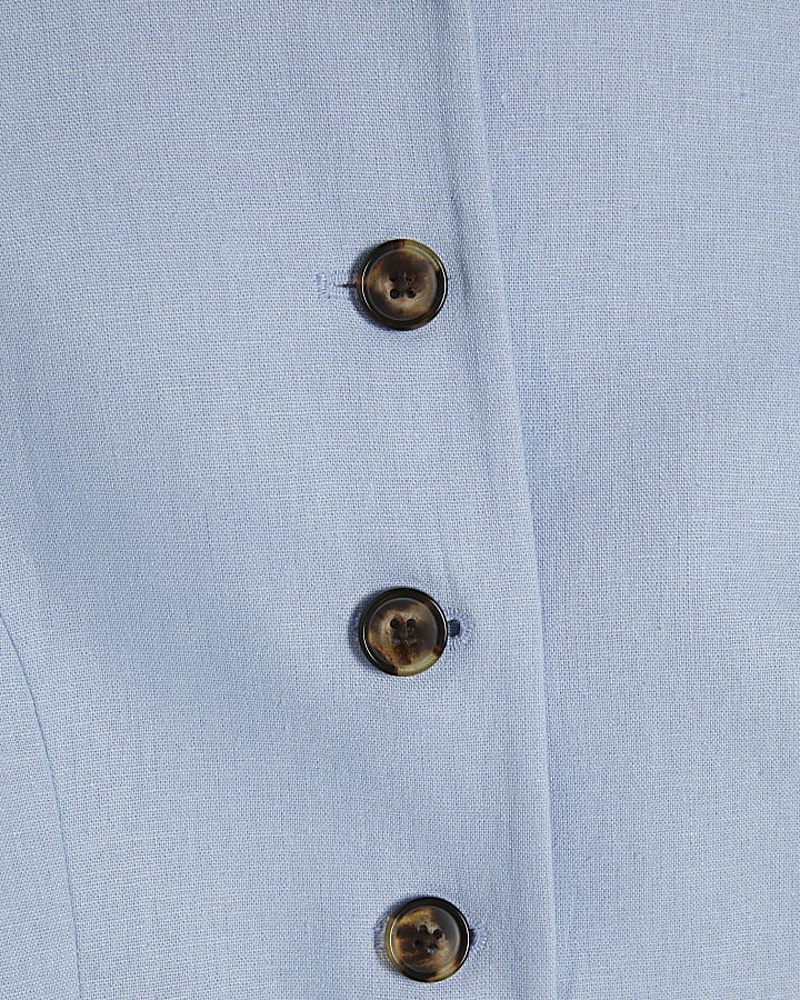 Blue Linen Blend Balloon Sleeve Jacket