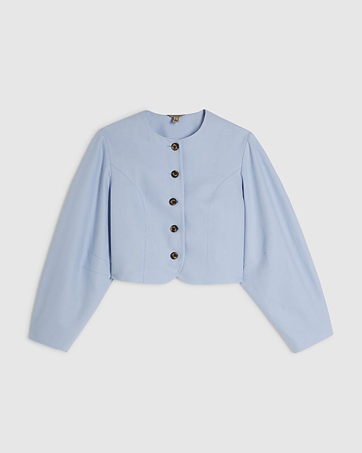 Blue Linen Blend Balloon Sleeve Jacket