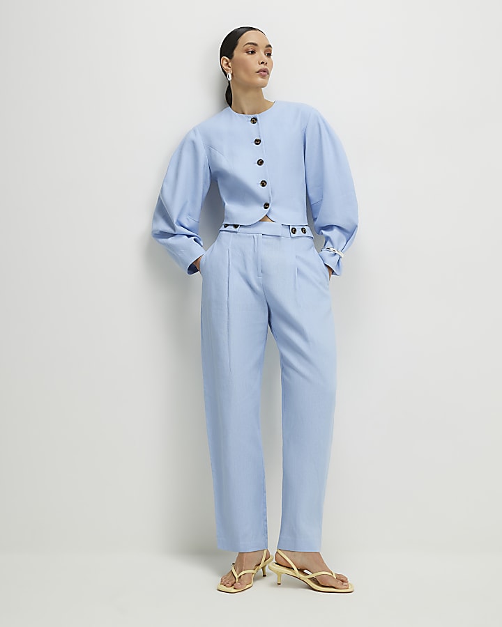 Blue Linen Blend Balloon Sleeve Jacket