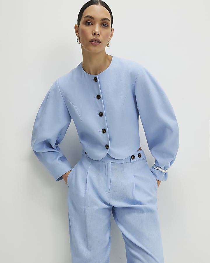 Blue Linen Blend Balloon Sleeve Jacket