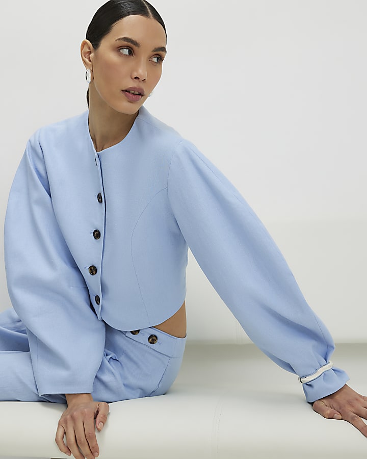 Blue Linen Blend Balloon Sleeve Jacket