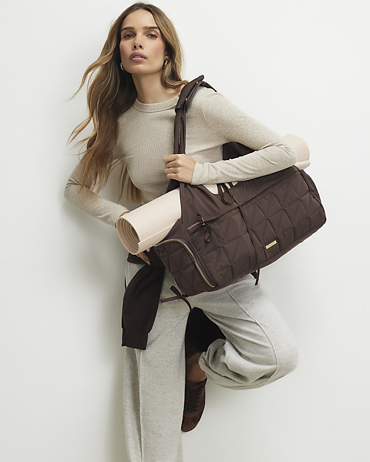 Brown Quilted Bow Yoga Bag