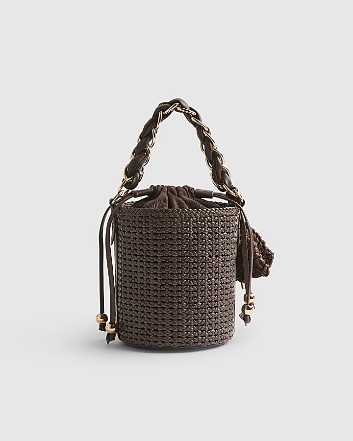 Brown Chain Handle Woven Bucket Bag