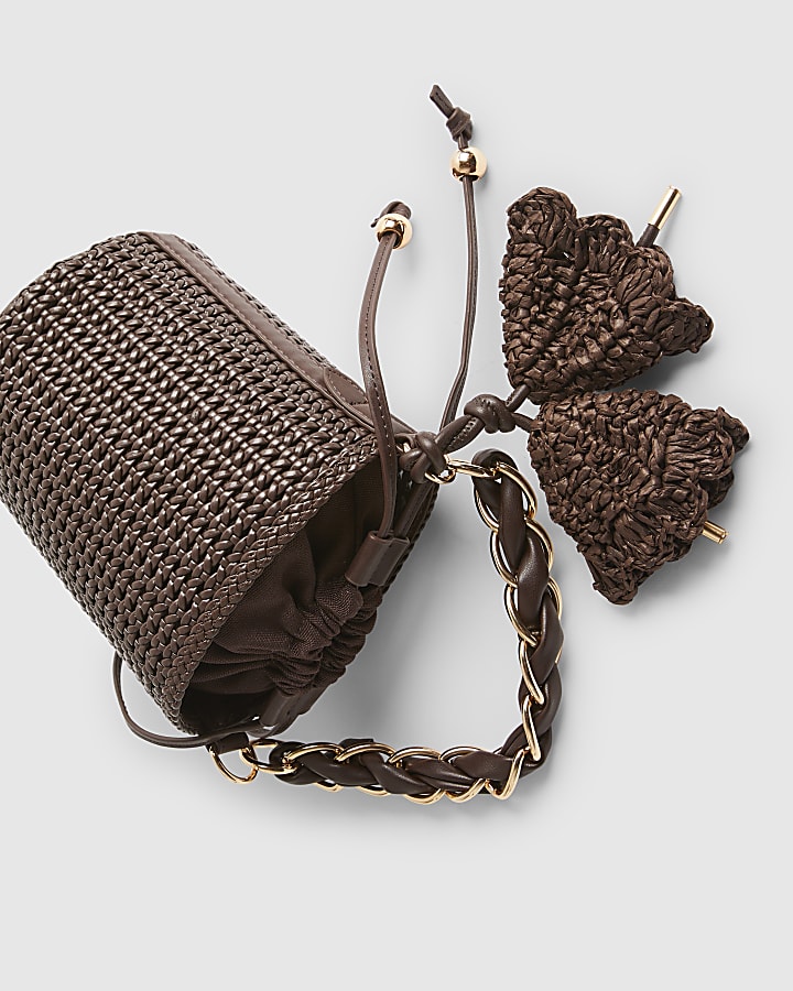 Brown Chain Handle Woven Bucket Bag