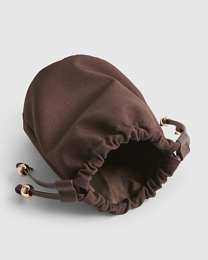 Brown Chain Handle Woven Bucket Bag