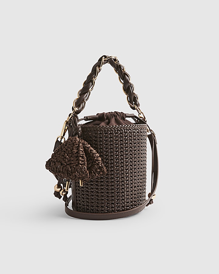 Brown Chain Handle Woven Bucket Bag