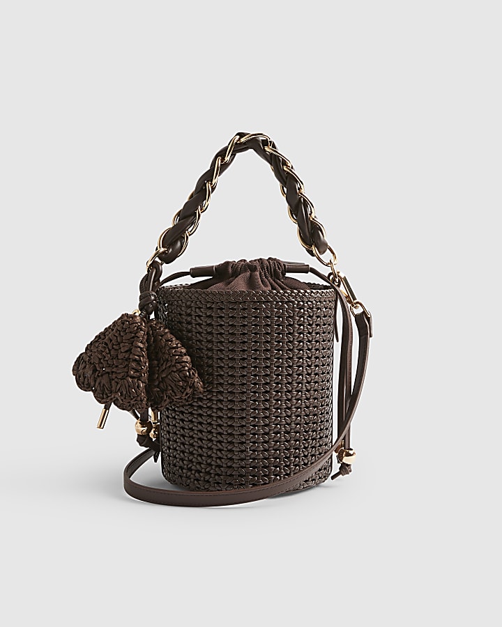 Brown Chain Handle Woven Bucket Bag