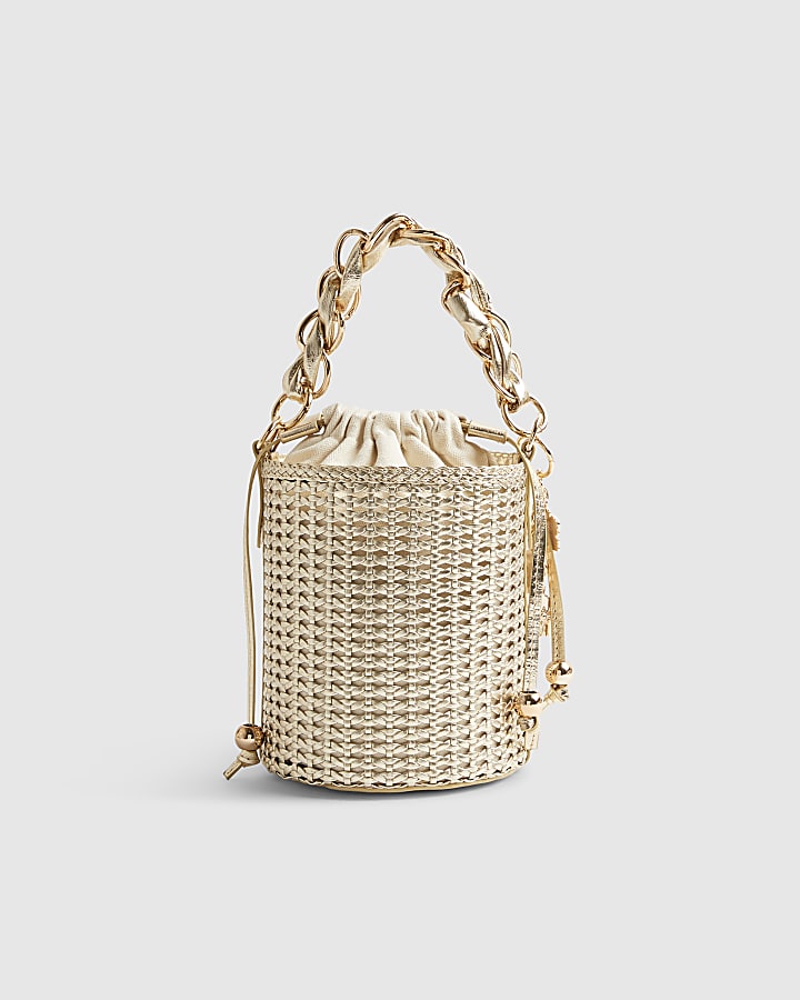 Gold Chain Handle Woven Bucket Bag