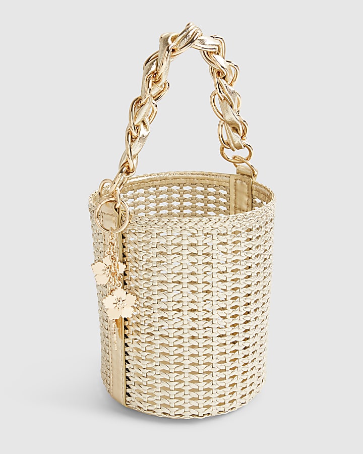 Gold Chain Handle Woven Bucket Bag