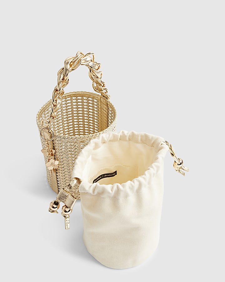 Gold Chain Handle Woven Bucket Bag