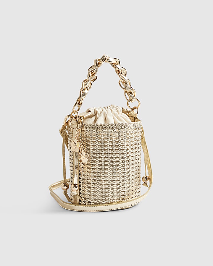 Gold Chain Handle Woven Bucket Bag