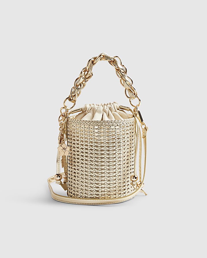 Gold Chain Handle Woven Bucket Bag