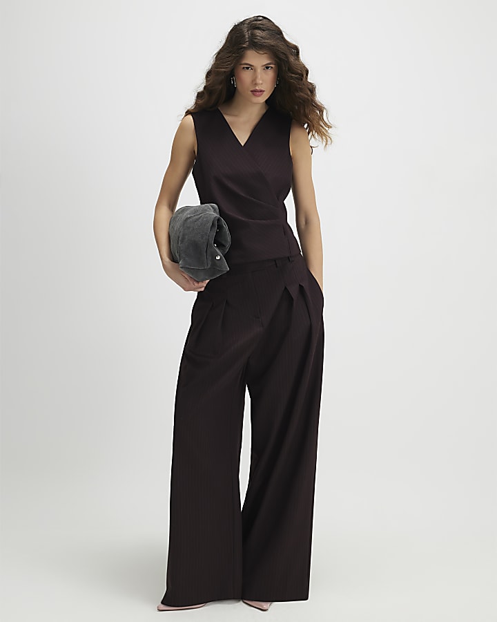 Brown Pinstripe Pleat Front Top