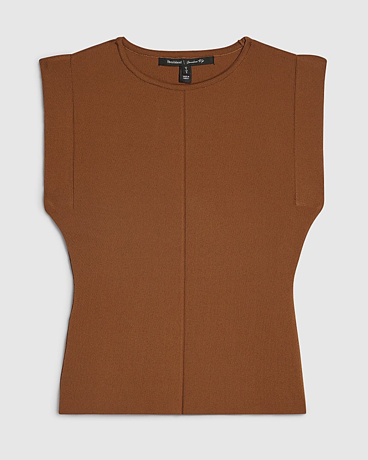 Petite Brown Fitted Knit Sleeveless Top