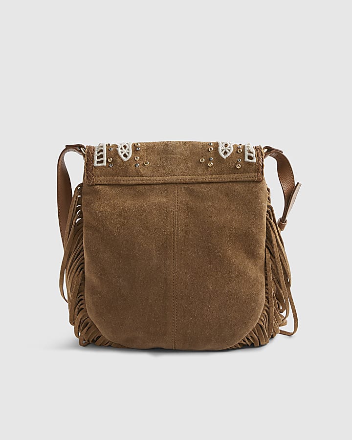 Beige Suede Embroidered Fringe Crossbody Bag