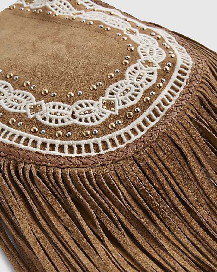 Beige Suede Embroidered Fringe Crossbody Bag