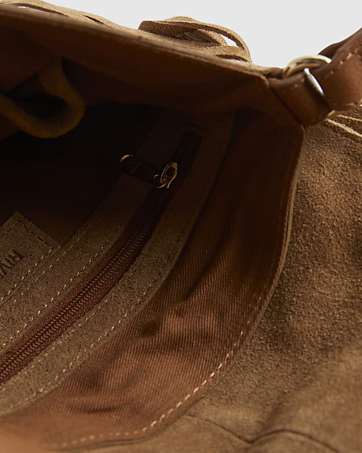 Beige Suede Embroidered Fringe Crossbody Bag