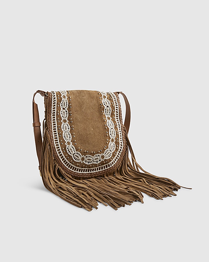 Beige Suede Embroidered Fringe Crossbody Bag