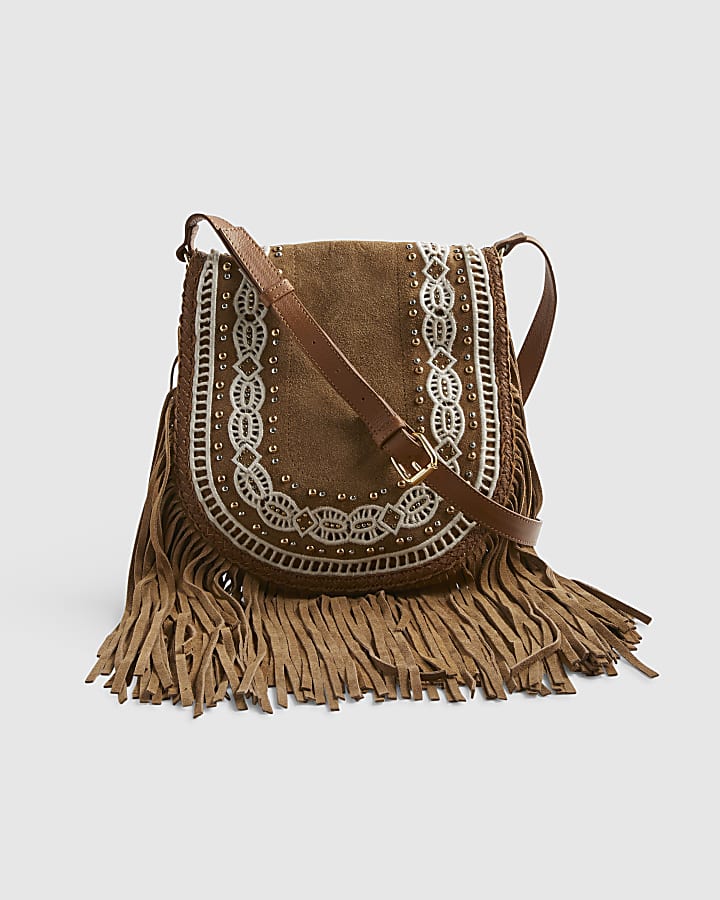 Beige Suede Embroidered Fringe Crossbody Bag