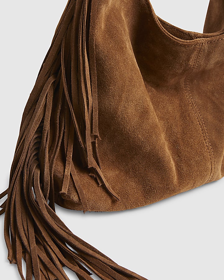 Beige Suede Fringed Slouch Shoulder Bag