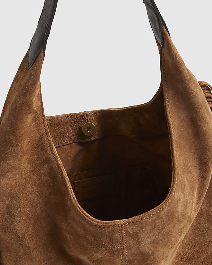 Beige Suede Fringed Slouch Shoulder Bag