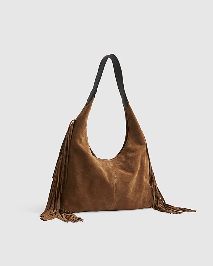 Beige Suede Fringed Slouch Shoulder Bag
