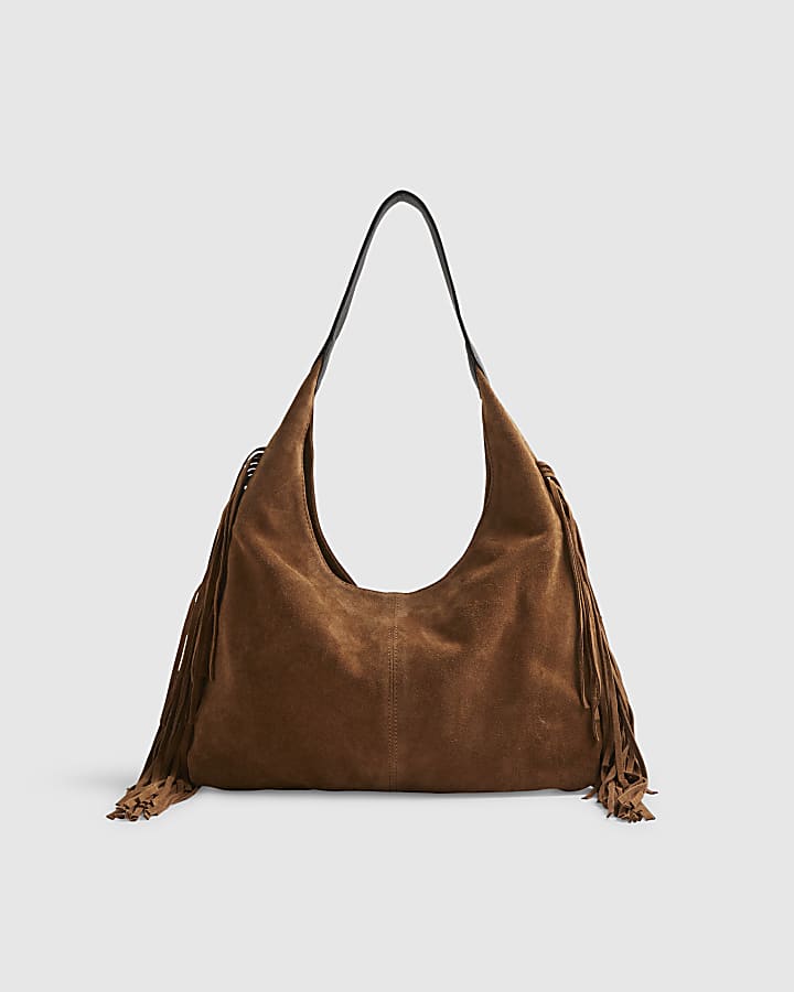 Beige Suede Fringed Slouch Shoulder Bag