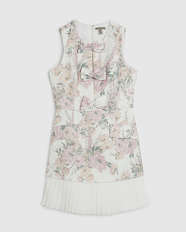 Cream Floral Bow Front Boucle Dress