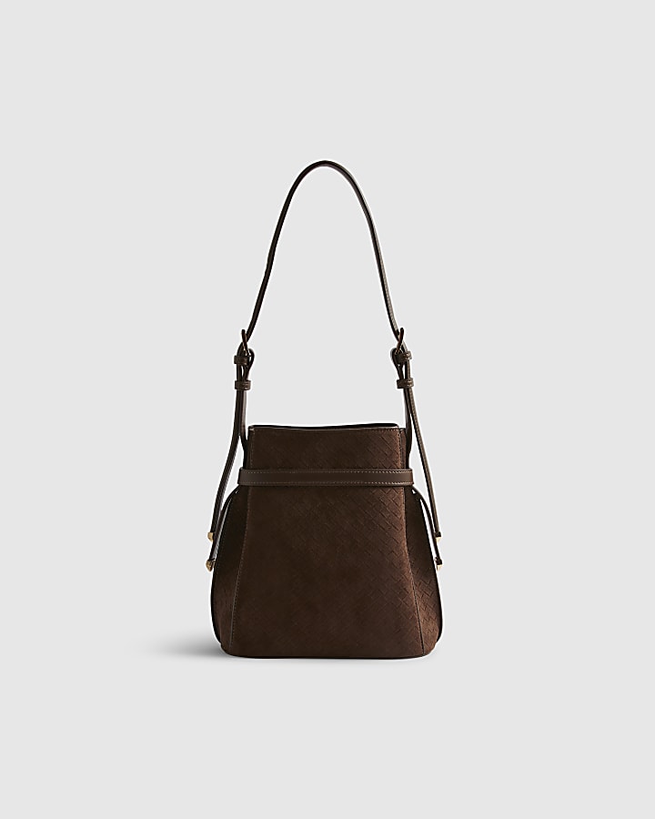 Brown Buckle Top Weave Detail Bucket Bag
