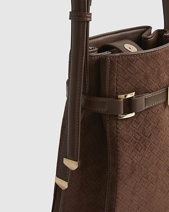 Brown Buckle Top Weave Detail Bucket Bag